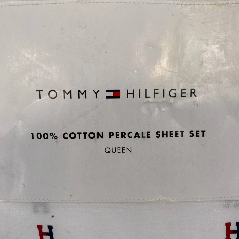 Tommy Hilfiger Sheet Set Queen White Varsity H Logo Percale Cotton Preppy Decor